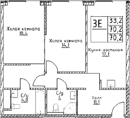 Планировка — Наметкин Тауэр, 3-комн., 70 м²