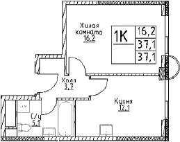 Планировка — Наметкин Тауэр, 1-комн., 37 м²