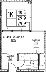 Планировка — Наметкин Тауэр, 1-комн., 30 м²