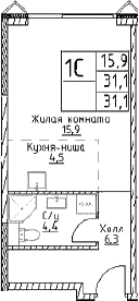 Планировка — Наметкин Тауэр, Студия, 31 м²