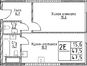 Планировка — Наметкин Тауэр, 2-комн., 48 м²