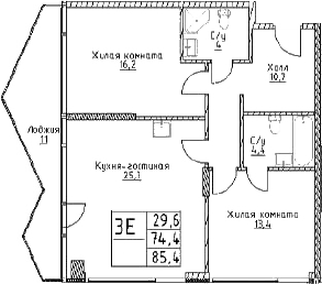Планировка — Наметкин Тауэр, 3-комн., 74 м²