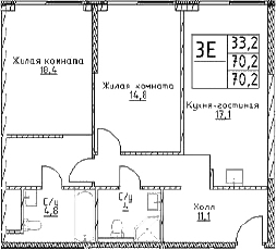 Планировка — Наметкин Тауэр, 3-комн., 70 м²