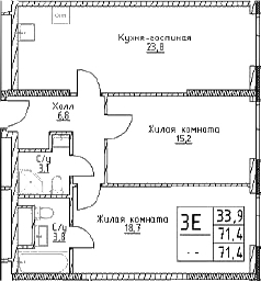 Планировка — Наметкин Тауэр, 3-комн., 71 м²
