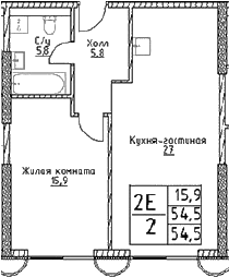 Планировка — Наметкин Тауэр, 2-комн., 55 м²