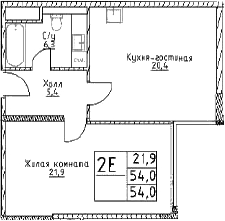 Планировка — Наметкин Тауэр, 2-комн., 54 м²