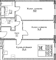 Планировка — Наметкин Тауэр, 3-комн., 73 м²