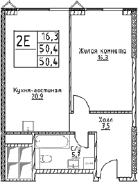 Планировка — Наметкин Тауэр, 2-комн., 50 м²