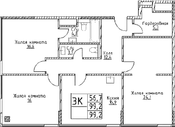 Планировка — Наметкин Тауэр, 3-комн., 99 м²