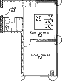 Планировка — Наметкин Тауэр, 2-комн., 46 м²