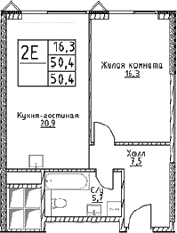 Планировка — Наметкин Тауэр, 2-комн., 50 м²