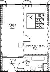 Планировка — Наметкин Тауэр, 1-комн., 45 м²
