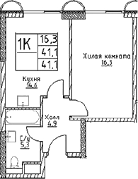 Планировка — Наметкин Тауэр, 1-комн., 41 м²