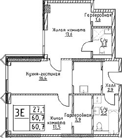 Планировка — Наметкин Тауэр, 3-комн., 61 м²