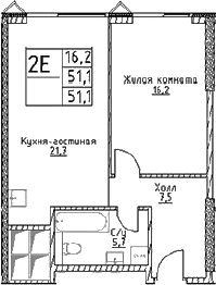Планировка — Наметкин Тауэр, 2-комн., 51 м²