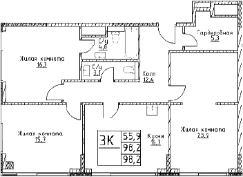 Планировка — Наметкин Тауэр, 3-комн., 98 м²