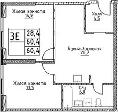 Планировка — Наметкин Тауэр, 3-комн., 60 м²