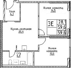 Планировка — Наметкин Тауэр, 3-комн., 60 м²