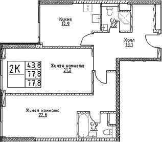 Планировка — Наметкин Тауэр, 2-комн., 78 м²