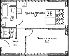 Планировка — Наметкин Тауэр, 2-комн., 51 м²
