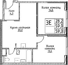 Планировка — Наметкин Тауэр, 3-комн., 59 м²