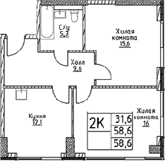 Планировка — Наметкин Тауэр, 2-комн., 59 м²