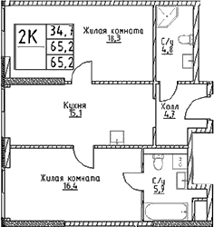 Планировка — Наметкин Тауэр, 2-комн., 65 м²