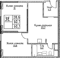 Планировка — Наметкин Тауэр, 3-комн., 60 м²