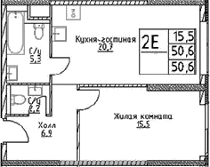 Планировка — Наметкин Тауэр, 2-комн., 51 м²