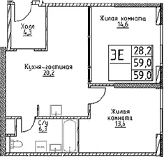 Планировка — Наметкин Тауэр, 3-комн., 59 м²