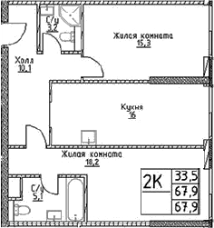 Планировка — Наметкин Тауэр, 2-комн., 68 м²