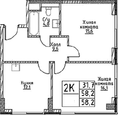 Планировка — Наметкин Тауэр, 2-комн., 58 м²