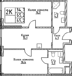 Планировка — Наметкин Тауэр, 2-комн., 65 м²