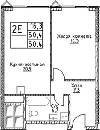 Планировка — Наметкин Тауэр, 2-комн., 50 м²