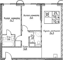 Планировка — Наметкин Тауэр, 3-комн., 70 м²