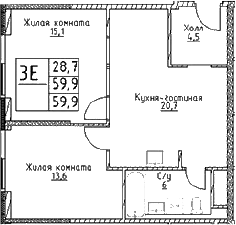 Планировка — Наметкин Тауэр, 3-комн., 60 м²