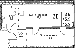 Планировка — Наметкин Тауэр, 2-комн., 46 м²