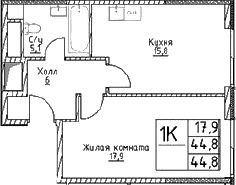 Планировка — Наметкин Тауэр, 1-комн., 45 м²