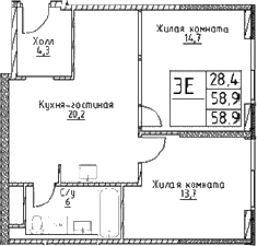 Планировка — Наметкин Тауэр, 3-комн., 59 м²
