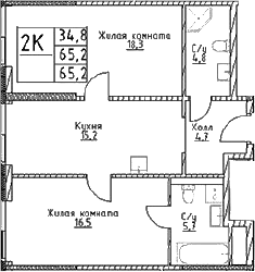 Планировка — Наметкин Тауэр, 2-комн., 65 м²
