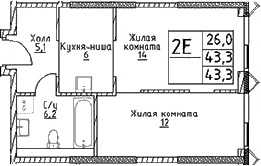 Планировка — Наметкин Тауэр, 2-комн., 43 м²