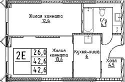 Планировка — Наметкин Тауэр, 2-комн., 43 м²