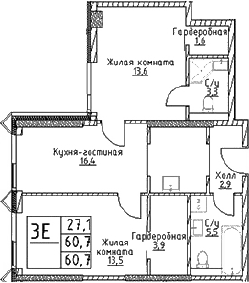 Планировка — Наметкин Тауэр, 3-комн., 61 м²