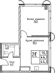 Планировка — Наметкин Тауэр, 2-комн., 44 м²