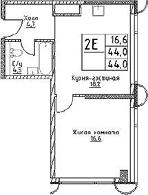 Планировка — Наметкин Тауэр, 2-комн., 44 м²