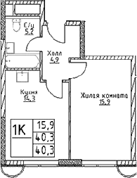 Планировка — Наметкин Тауэр, 1-комн., 40 м²