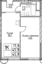 Планировка — Наметкин Тауэр, 1-комн., 46 м²