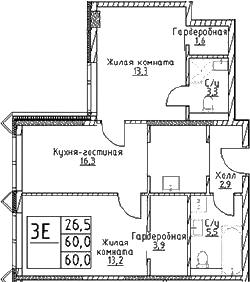 Планировка — Наметкин Тауэр, 3-комн., 60 м²