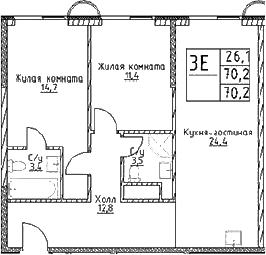 Планировка — Наметкин Тауэр, 3-комн., 70 м²