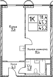 Планировка — Наметкин Тауэр, 1-комн., 45 м²